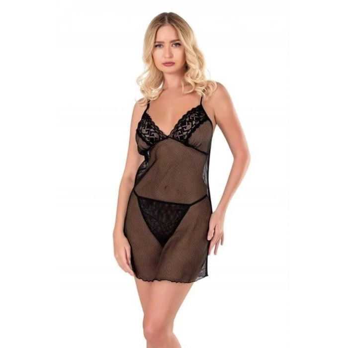 Arias Closet Siyah Kısa File-Tül Gecelik 8124