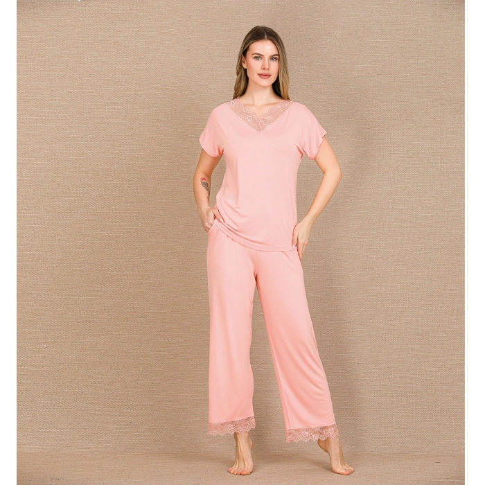 Arias Closet Viskon Şık Tasarım Dantel İşlemeli Açık Pembe Kısa Kol Pijama Takımı
