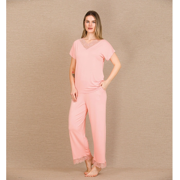 Arias Closet Viskon Şık Tasarım Dantel İşlemeli Açık Pembe Kısa Kol Pijama Takımı