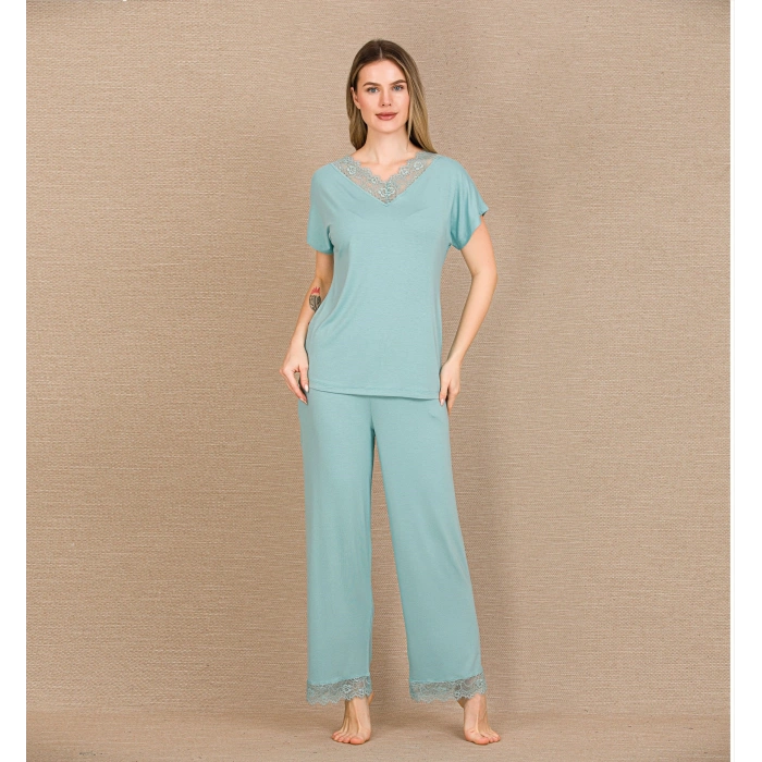 Arias Closet Viskon Şık Tasarım Dantel İşlemeli Mint Yeşil Kısa Kol Pijama Takımı