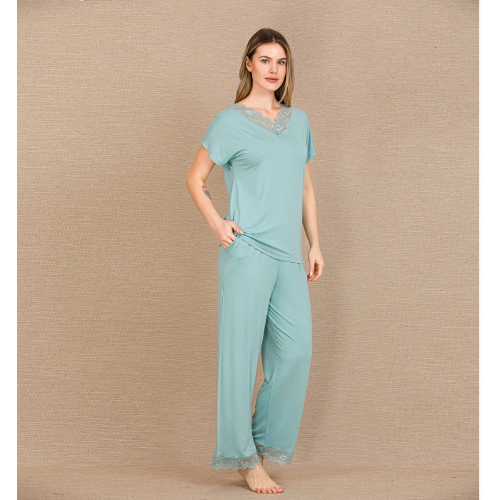 Arias Closet Viskon Şık Tasarım Dantel İşlemeli Mint Yeşil Kısa Kol Pijama Takımı