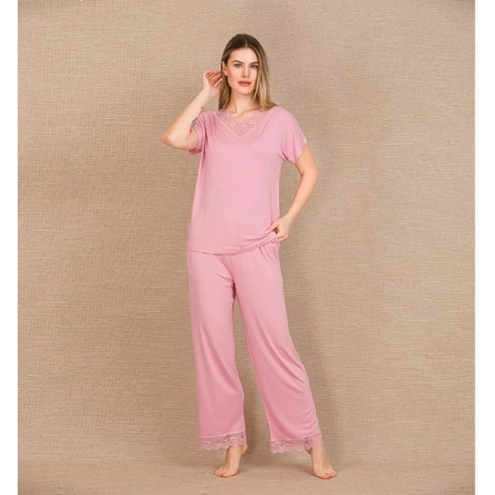 Arias Closet Viskon Şık Tasarım Dantel İşlemeli Pembe Kısa Kol Pijama Takımı