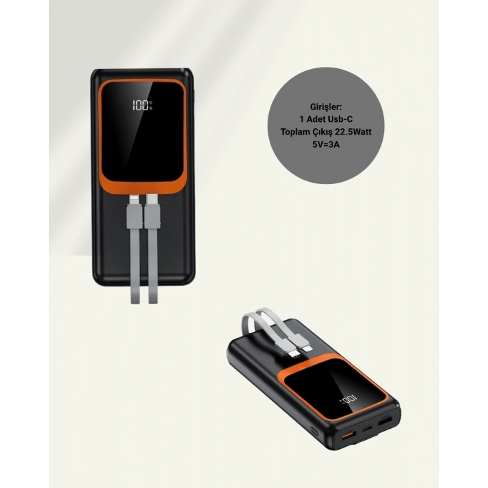 CEYLAN ADAM 20000 mAh Powerbank | Çok Kablolu, Dijital Göstergeli, Yüksek Hızlı Şarj Cihazı