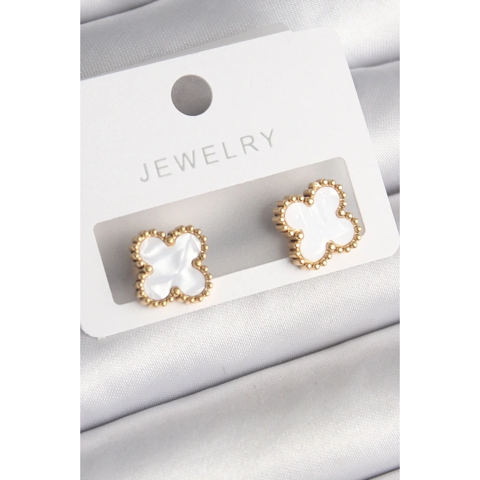 CEYLAN ADAM 316L Çelik Gold Renk Beyaz Minelik Yonca Model Kadın Küpe