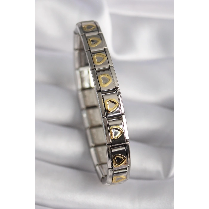 CEYLAN ADAM 316L Çelik Gümüş Renk Gold Kalp İşleme Nomination Model Kadın Bileklik