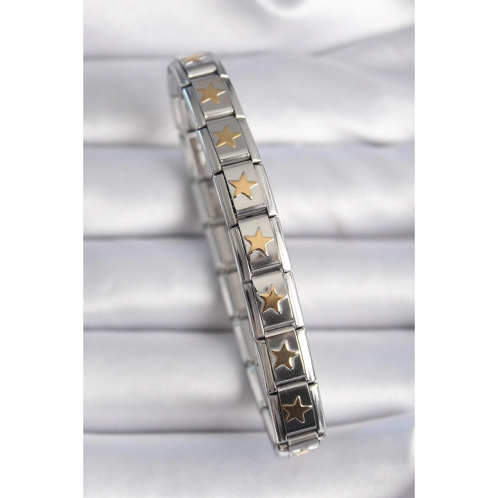 CEYLAN ADAM 316L Çelik Gümüş Renk Gold Yıldız İşleme Nomination Charm Bileklik