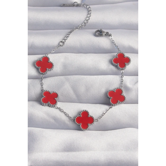 CEYLAN ADAM 316L Çelik Gümüş Renk Kırmızı Mineli Yonca Bileklik