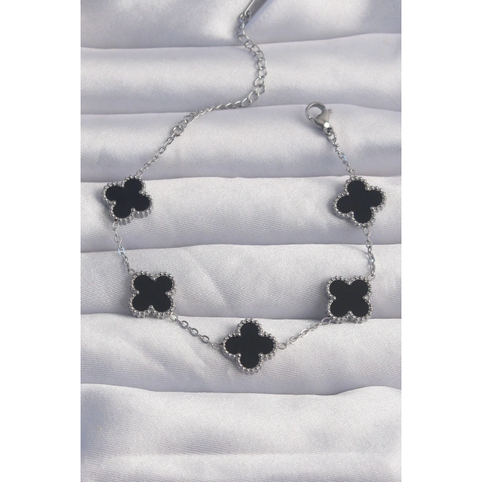 CEYLAN ADAM 316L Çelik Gümüş Renk Siyah Mineli Yonca Bileklik