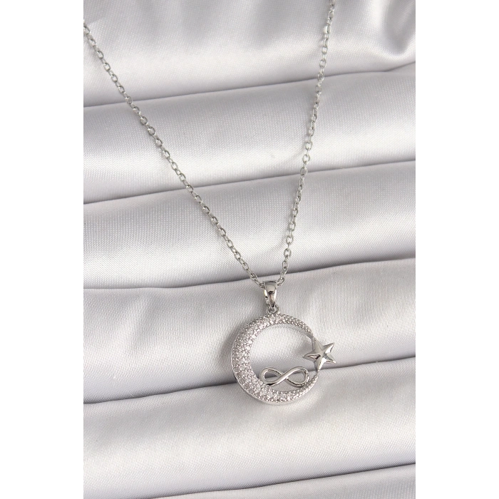 CEYLAN ADAM 316L Çelik Gümüş Renk Zincir Zirkon Taşlı Ay Yıldız Model Sonsuzluk Detay Kadın Kolye
