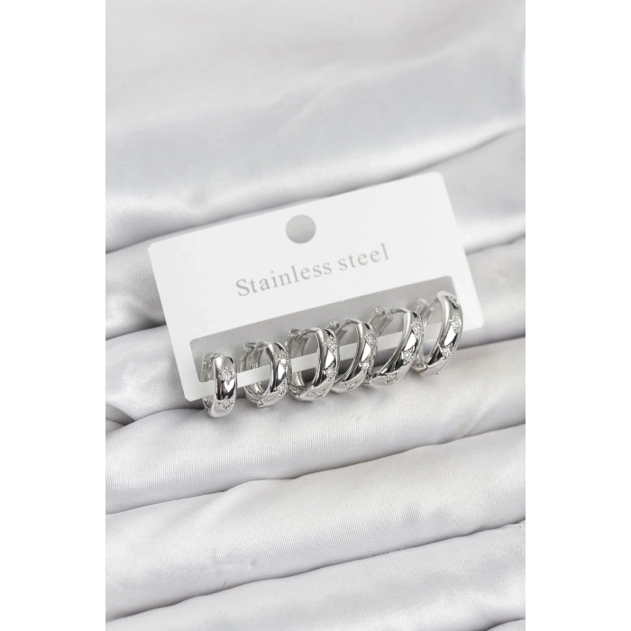 CEYLAN ADAM 316L Çelik Gümüş Renk Zirkon Taşlı Kutup Yıldızı Model Halka Küpe Seti