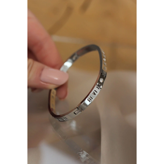 CEYLAN ADAM 316L Çelik Roma Rakamlı Silver Renk Bilezik Kelepçe