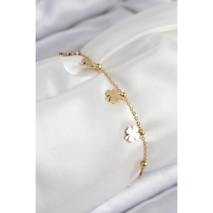 CEYLAN ADAM 316L Çelik Sıralı Yonca Model Gold Renk Kadın Bileklik