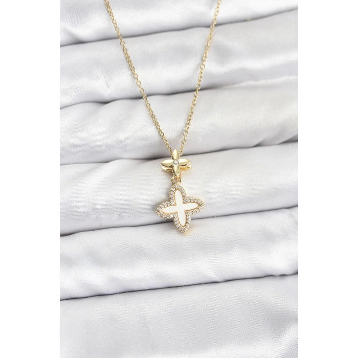 CEYLAN ADAM 316L Çelik Zincir Gold Renk 4 Yapraklı Yonca Model Zirkon Taşlı Kadın Kolye