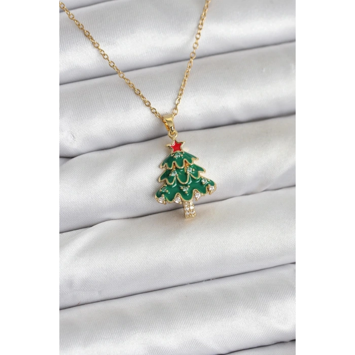 CEYLAN ADAM 316L Çelik Zincir Gold Renk Çam Ağacı Model Yılbaşı Temalı Kadın Kolye