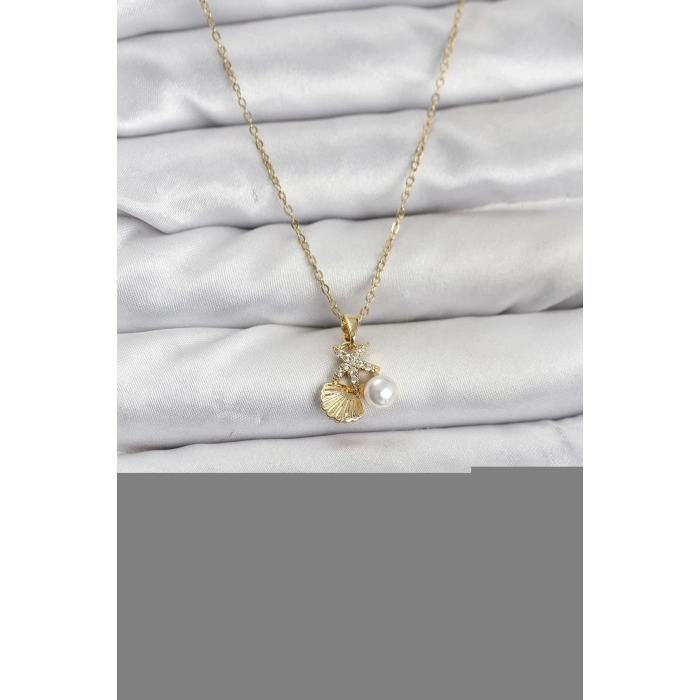 CEYLAN ADAM 316L Çelik Zincir Gold Renk Deniz Kabuğu ve Deniz Yıldızı Model Zirkon Taşlı Kadın Kolye