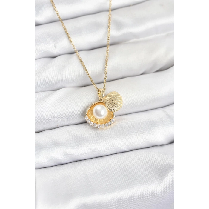 CEYLAN ADAM 316L Çelik Zincir Gold Renk İncili Deniz Kabuğu Model Zirkon Taşlı Kadın Kolye