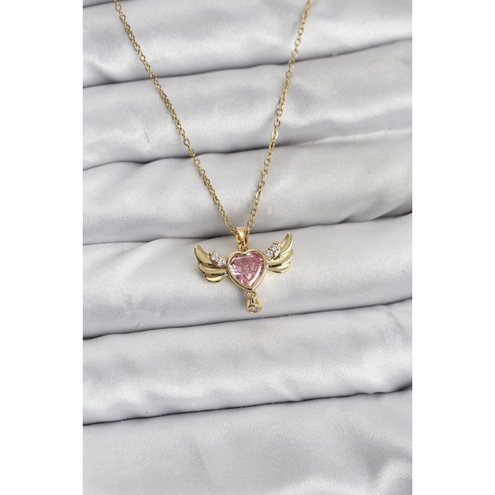 CEYLAN ADAM 316L Çelik Zincir Gold Renk Kanatlı Kalp Model Zirkon Taşlı Kadın Kolye