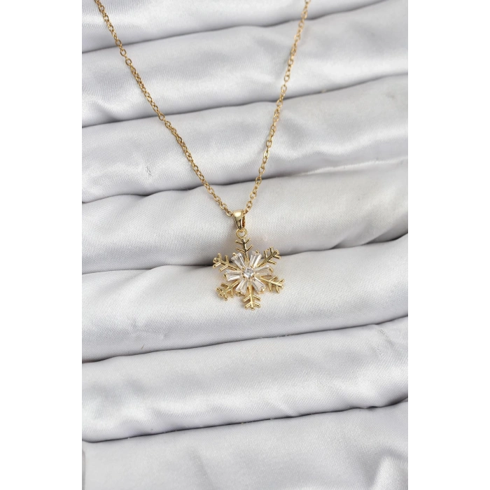 CEYLAN ADAM 316L Çelik Zincir Gold Renk Kar Tanesi Model Zirkon Taşlı Kadın Kolye