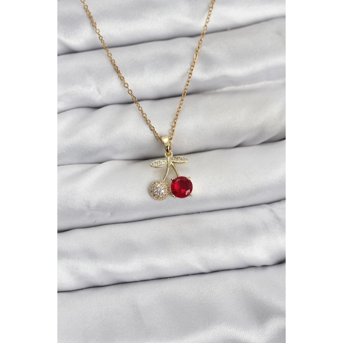 CEYLAN ADAM 316L Çelik Zincir Gold Renk Kiraz Model Zirkon Taşlı Kadın Kolye