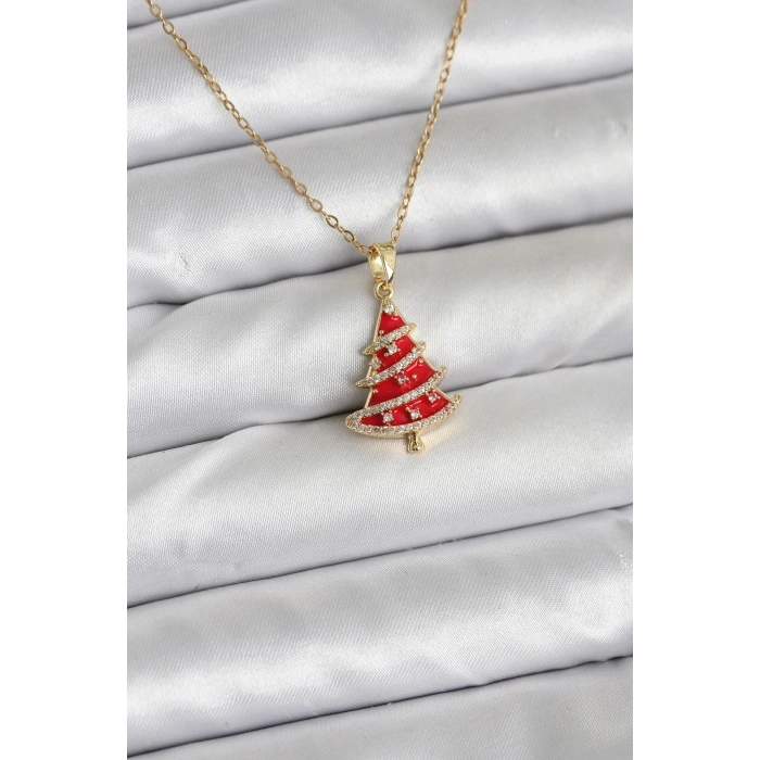 CEYLAN ADAM 316L Çelik Zincir Gold Renk Kırmızı Çam Ağacı Model Yılbaşı Temalı Kadın Kolye