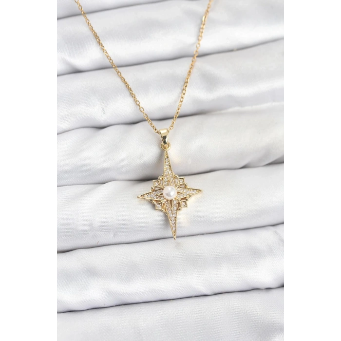 CEYLAN ADAM 316L Çelik Zincir Gold Renk Kutup Yıldızı Model Zirkon Taşlı Kadın Kolye