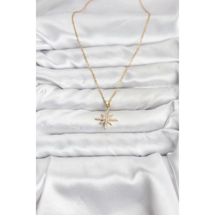 CEYLAN ADAM 316L Çelik Zincir Gold Renk Kutup Yıldızı Model Zirkon Taşlı Kadın Kolye