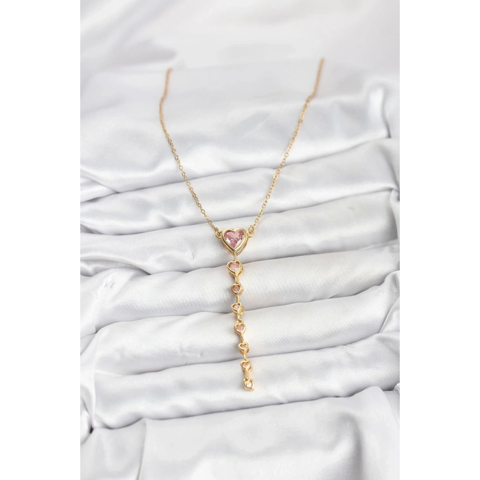 CEYLAN ADAM 316L Çelik Zincir Gold Renk Pembe Kalp Kadın Kolye