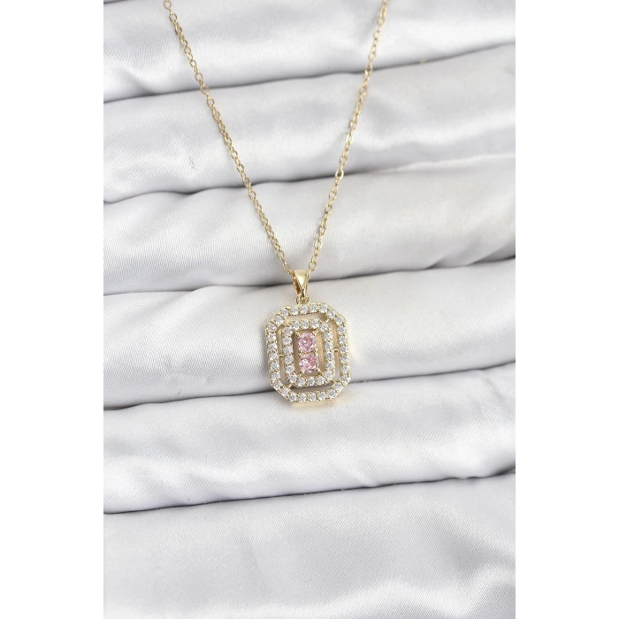 CEYLAN ADAM 316L Çelik Zincir Gold Renk Plaka Model Zirkon Taşlı Kadın Kolye