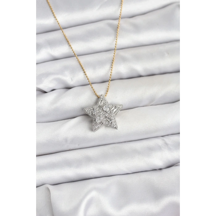 CEYLAN ADAM 316L Çelik Zincir Gold Renk Zincirli Gümüş Yıldız Model Kadın Kolye