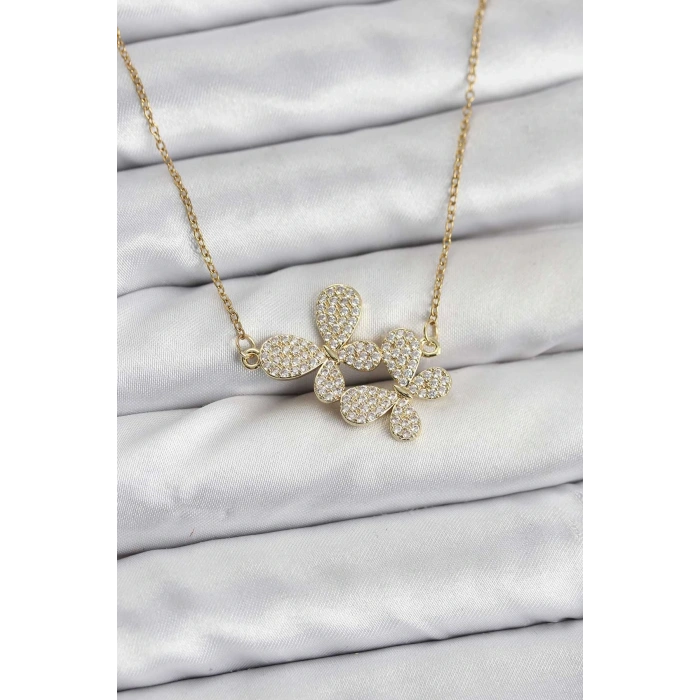 CEYLAN ADAM 316L Çelik Zincir Gold Renk Zirkon Taşlı Kelebek Model Kadın Kolye