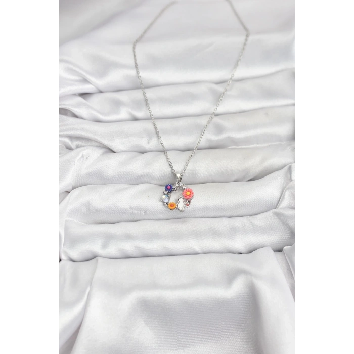 CEYLAN ADAM 316L Çelik Zincir Gümüş Renk Çiçekli Kedili Model Kadın Kolye