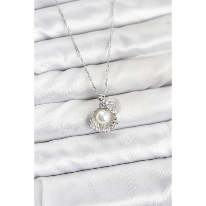 CEYLAN ADAM 316L Çelik Zincir Gümüş Renk İncili Deniz Kabuğu Model Zirkon Taşlı Kadın Kolye