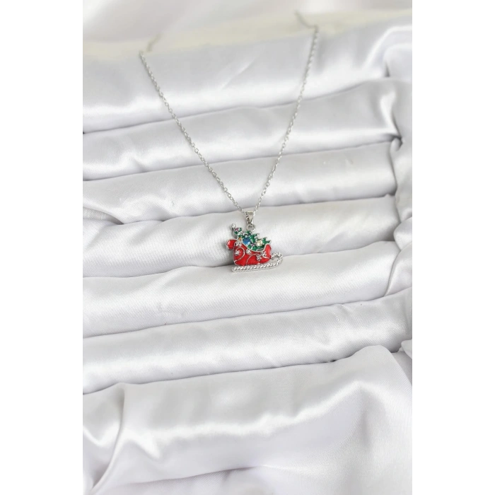 CEYLAN ADAM 316L Çelik Zincir Gümüş Renk Kızak ve Çam Ağacı Figürlü Yılbaşı Temalı Kadın Kolye