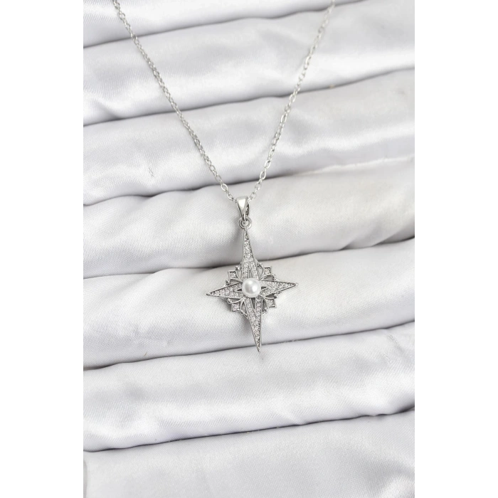 CEYLAN ADAM 316L Çelik Zincir Gümüş Renk Kutup Yıldızı Model Zirkon Taşlı Kadın Kolye