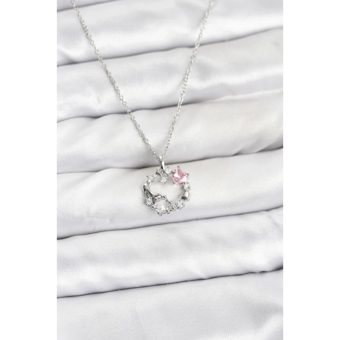 CEYLAN ADAM 316L Çelik Zincir Gümüş Renk Pembe Taş Detaylı Çelenk Model Kadın Kolye