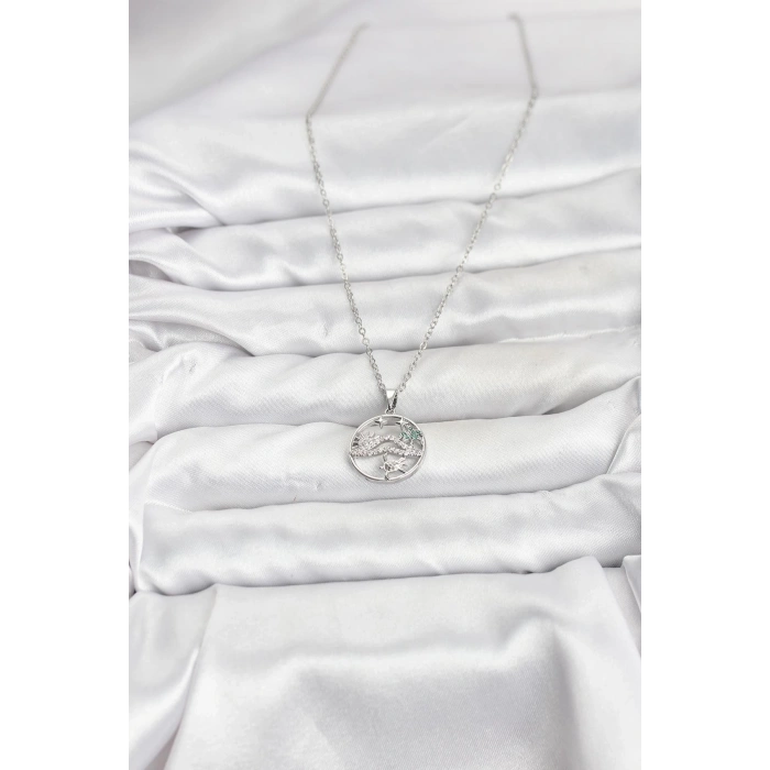 CEYLAN ADAM 316L Çelik Zincir Gümüş Renk Şans Kolyesi Model Zirkon Taşlı Kadın Kolye
