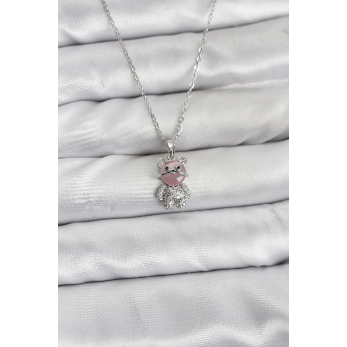 CEYLAN ADAM 316L Çelik Zincir Gümüş Renk Teddy Bear Model Zirkon Taşlı Kadın Kolye