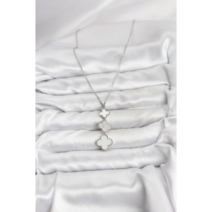 CEYLAN ADAM 316L Çelik Zincir Gümüş Renk Yonca Detaylı Zirkon Taşlı Kadın Kolye