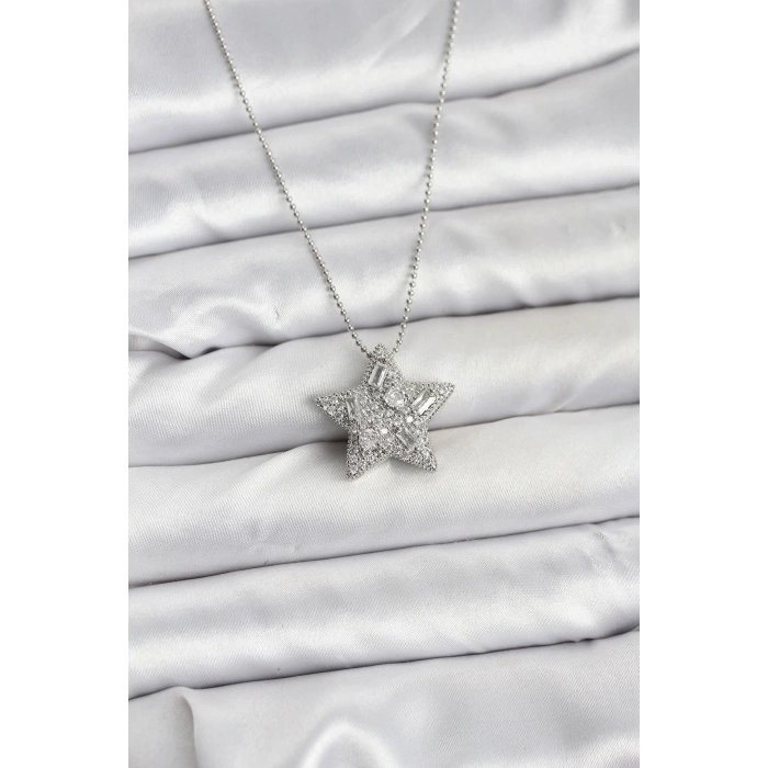 CEYLAN ADAM 316L Çelik Zincir Gümüş Renk Zincirli Gümüş Yıldız Model Kadın Kolye