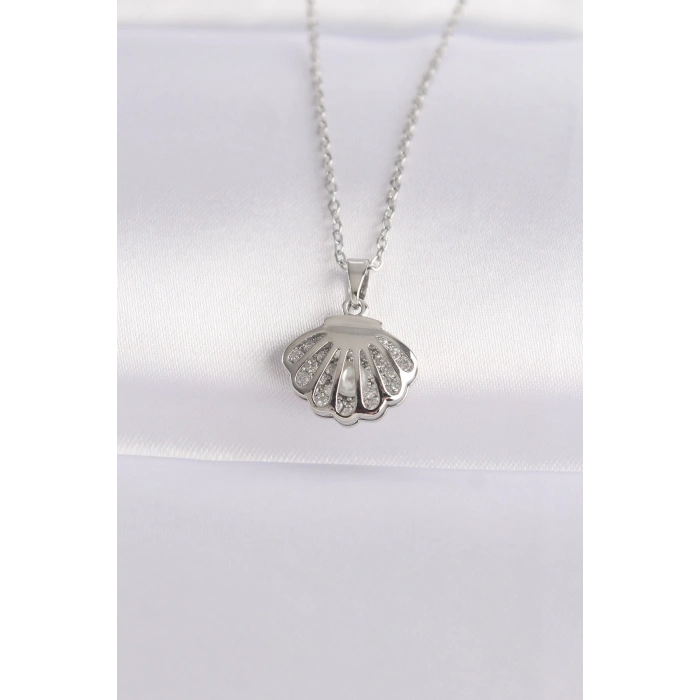 CEYLAN ADAM 316L Çelik Zincir Gümüş Renk Zirkon Taşlı İnci Detay İstiridye Kolye