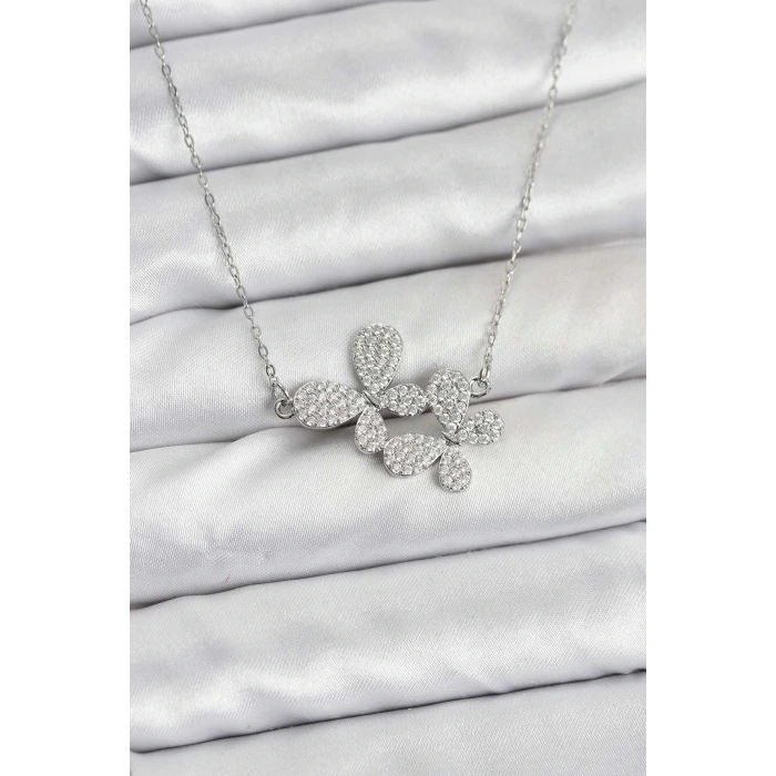 CEYLAN ADAM 316L Çelik Zincir Gümüş Renk Zirkon Taşlı Kelebek Model Kadın Kolye