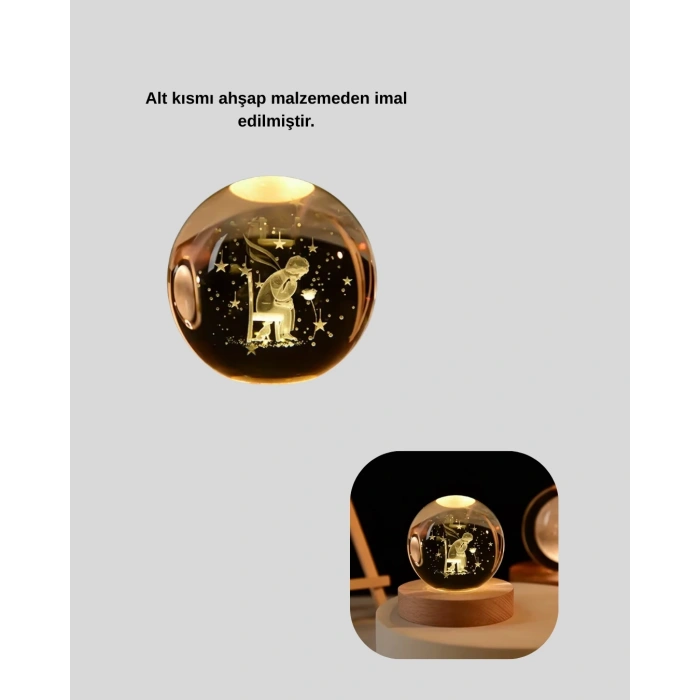 CEYLAN ADAM 8 cm Küçük Prens Cam Küre USB Işıklı Ahşap Tabanlı Dekor