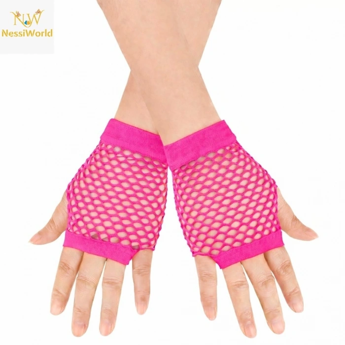 CEYLAN ADAM 80’ler 90’lar Retro Neon Fuşya Şeker Pembesi File Parmaksız Kısa Eldiven 11 cm