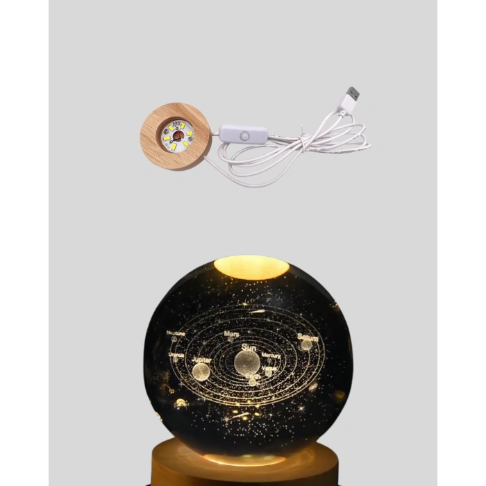 CEYLAN ADAM Ahşap Standlı LED Kristal Küre Lazer İşlemeli Dekoratif Obje