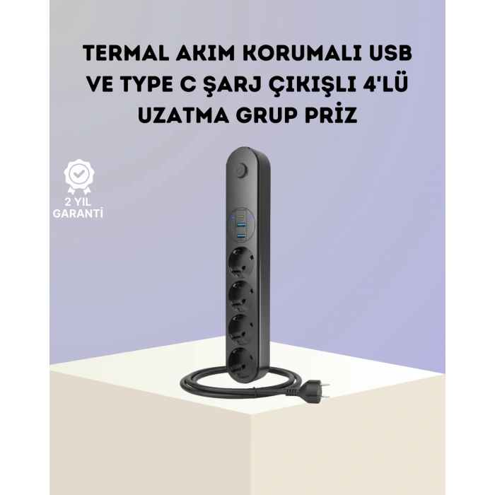 CEYLAN ADAM Akım Korumalı Çoklu Priz 4’lü 2 USB 1 Type-C 2500W Güçlü Tasarım