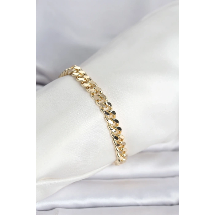 Mey İthalat® CM 14K Gold Renk Ezme Kalın Zincir Model Kadın Bileklik