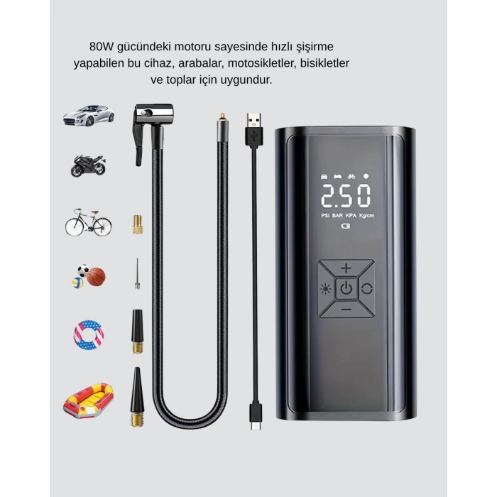 CEYLAN ADAM Dijital Ekranlı Kablosuz Hava Pompası LED Işıklı 12V 80W