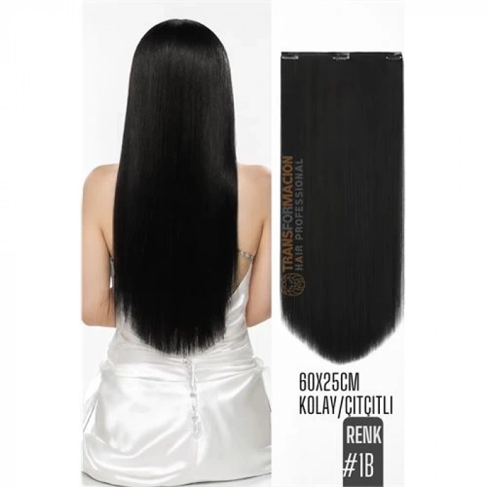 CEYLAN ADAM Doğal Görünümlü Düz Siyah Sentetik Kaynak Saç – RENK KOD:#1B  Kolay Tak Çıkar, Işıltılı Etki!