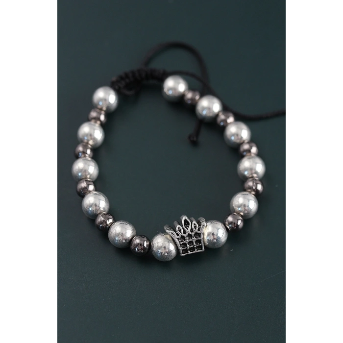 CEYLAN ADAM Doğal Taş Kral Tacı Model Gümüş Ve Füme Renk Asansörlü Erkek Bileklik