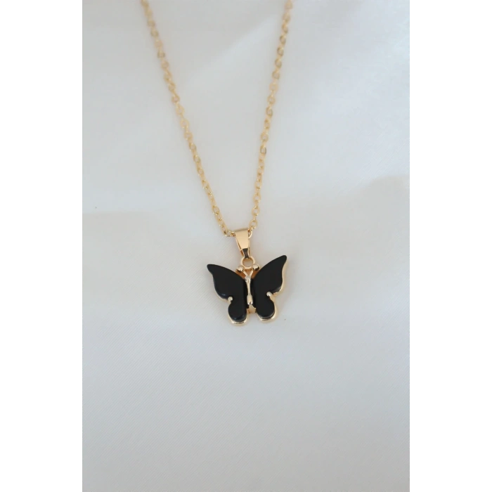 CEYLAN ADAM Gold Kaplama Siyah Renkli Sedefli Kelebek Kolye